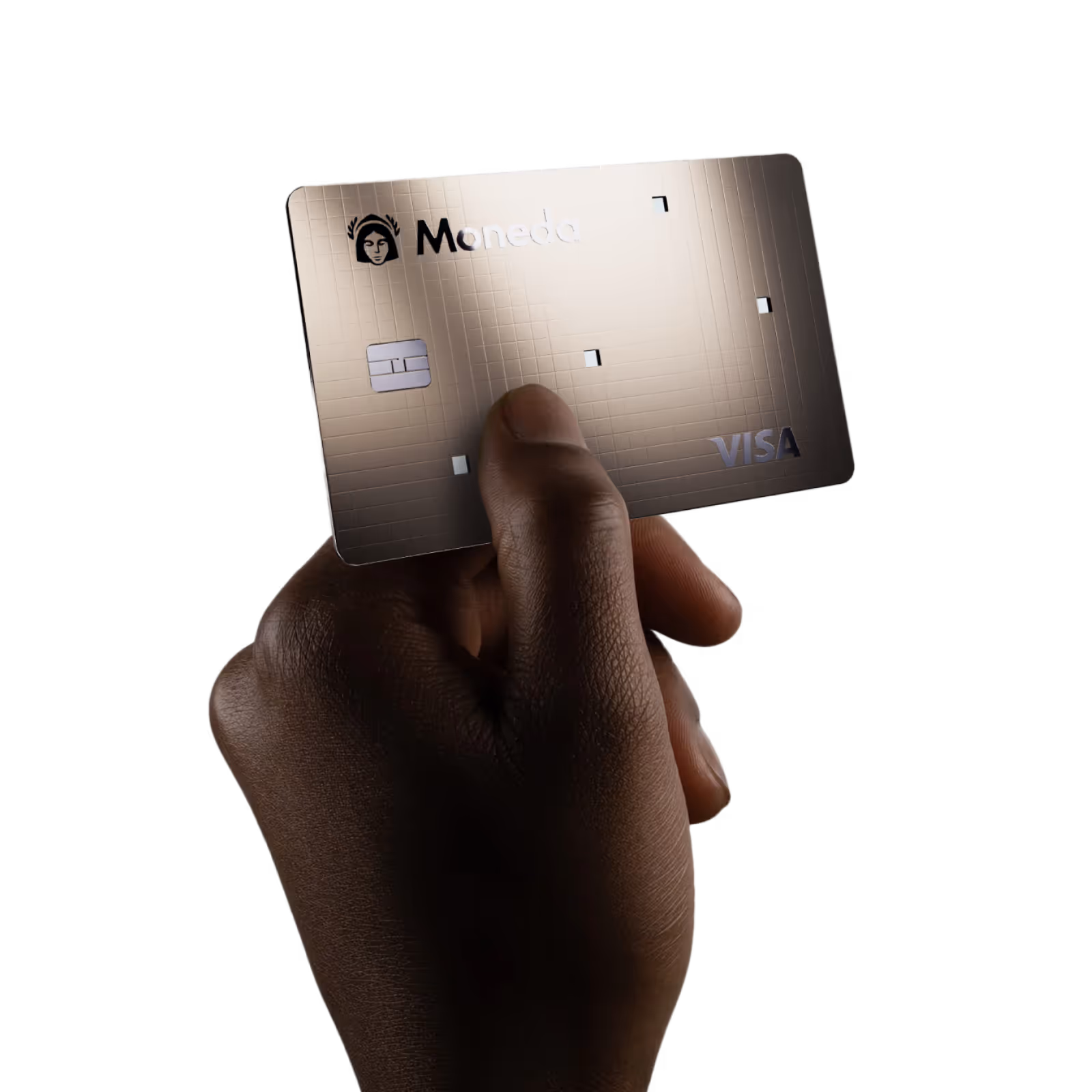 Dark-skinned hand holding a gold Moneda Visa credit card with a chip.